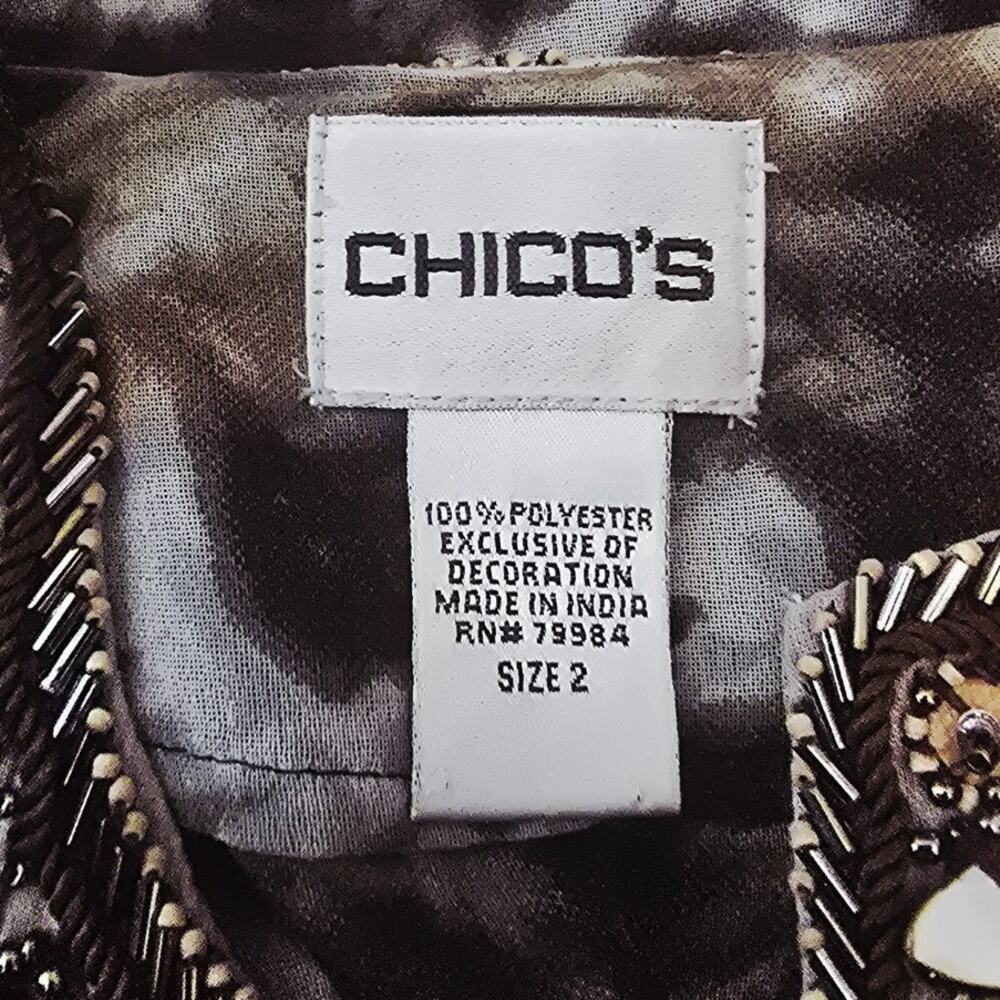 Chico's Animal Print Semi Sheer Beaded Stones Neck Sleeve Women's Blouse 2-M-12 - Picture 7 of 8